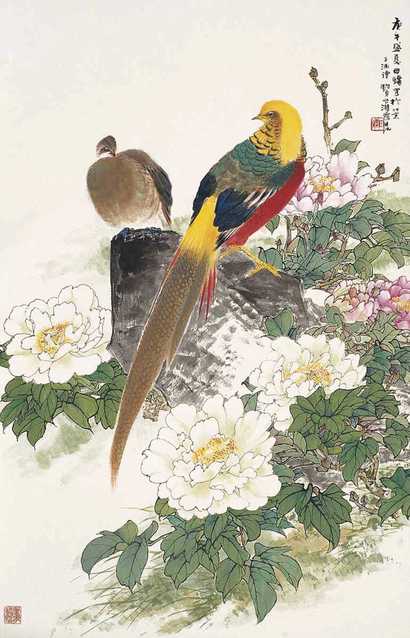 田镛 1990年作 金鸡牡丹 立轴